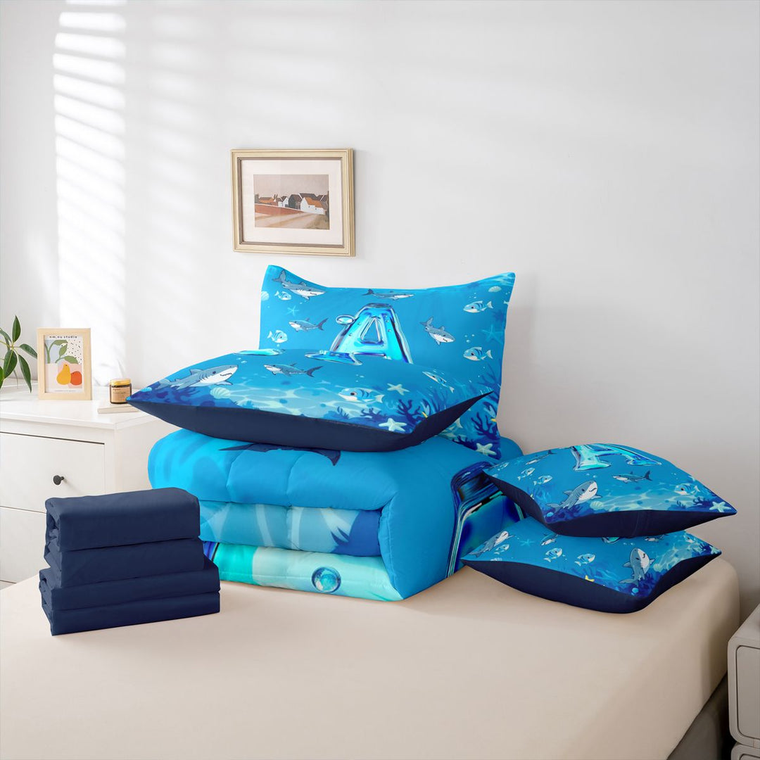 meiyoeat Cute Shark Monogram A 7 Pieces Full Size Bedding Sets For Boys,Ocean Theme Full Size Bed in a Bag,Navy Blue Reversible