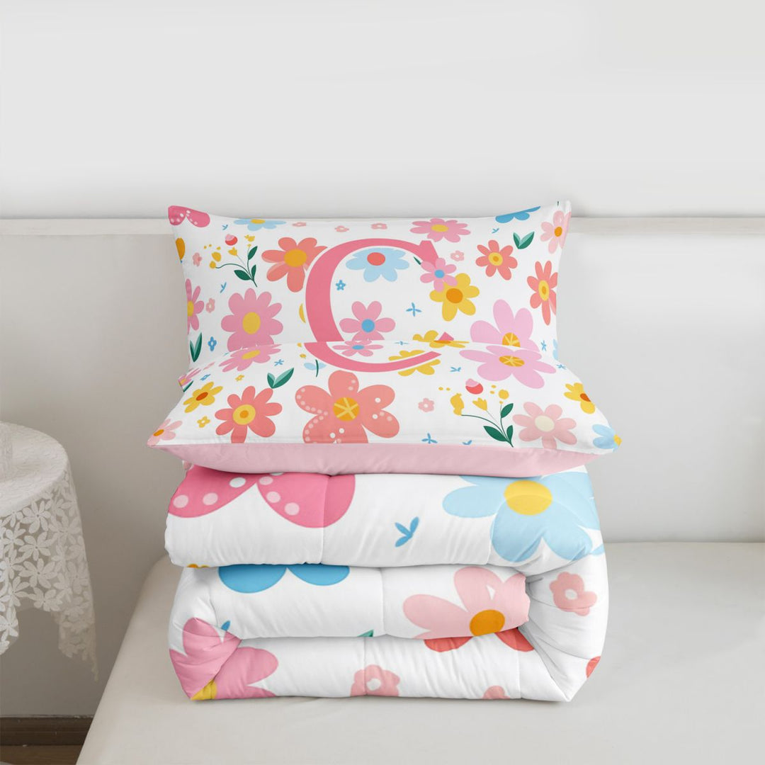meiyoeat Watercolor Kawaii Flower Full Size Comforter Sets For Kids,Girls Personalized Monogram C Gifts Bedding Sets,pink Reversible,3 Pieces