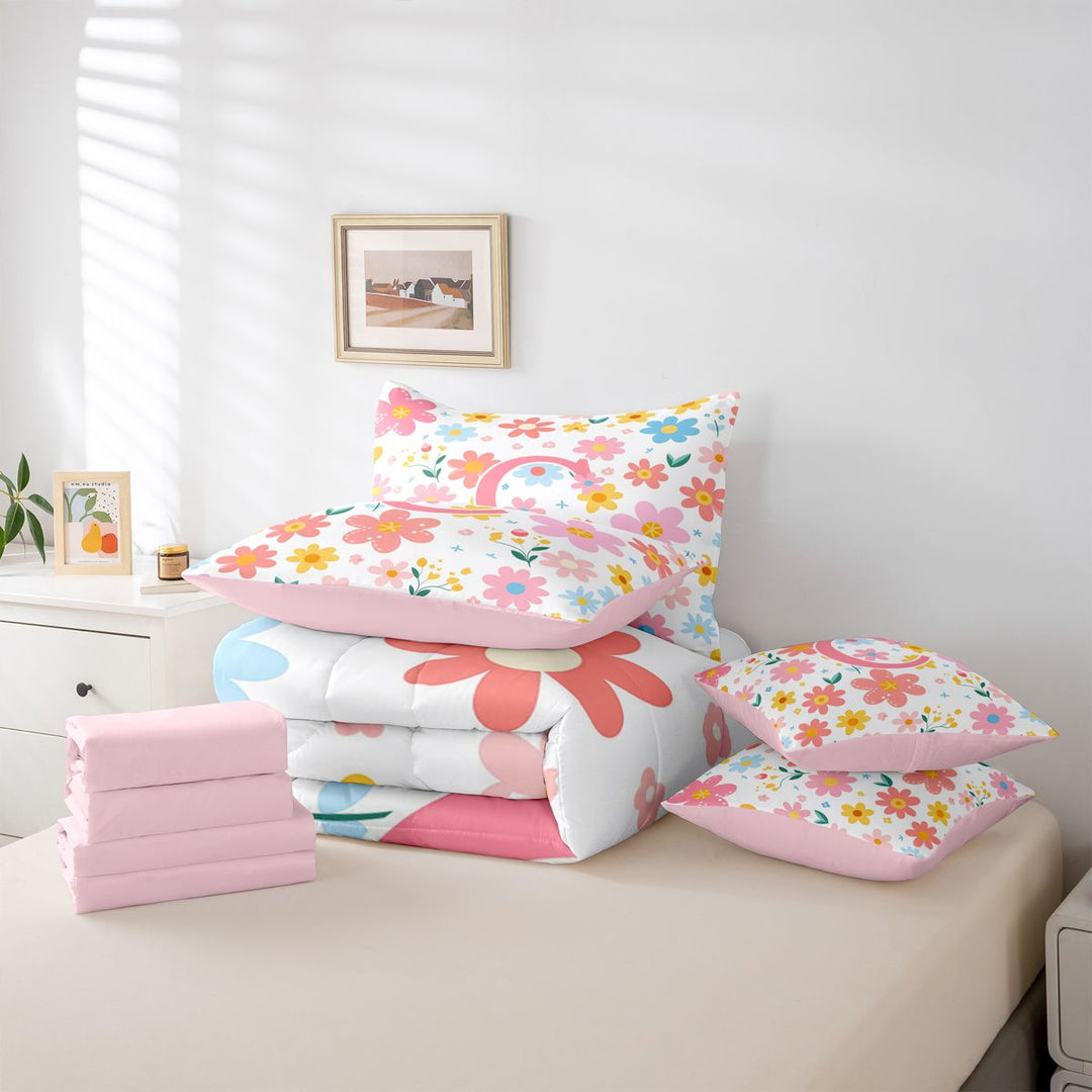 meiyoeat Watercolor Kawaii Flower 7 Pieces Bedding Comforter Set For Kids,Girls Personalized Monogram C Gifts Full Bedding Set,pink Reversible