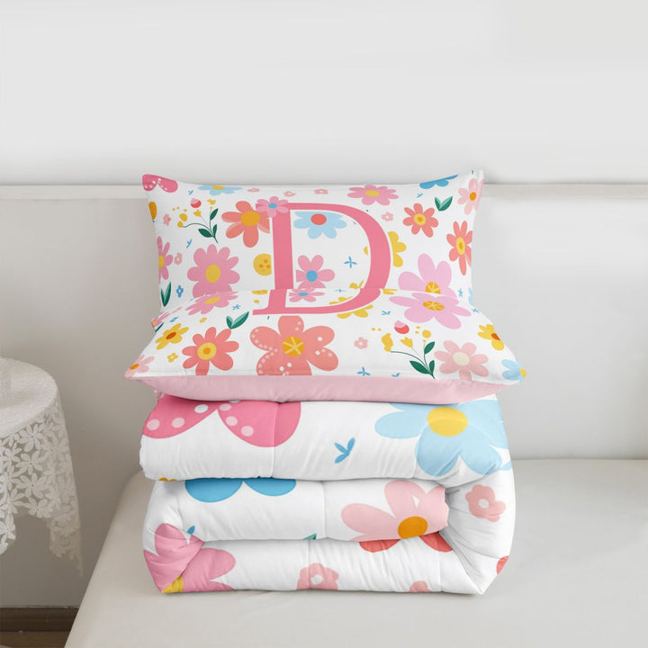 meiyoeat Cartoon Spring Flowers Full Size Comforter Sets For Kids,Colorful Floral D Initial Print Bedding Sets For Girls,pink Reversible,3pcs