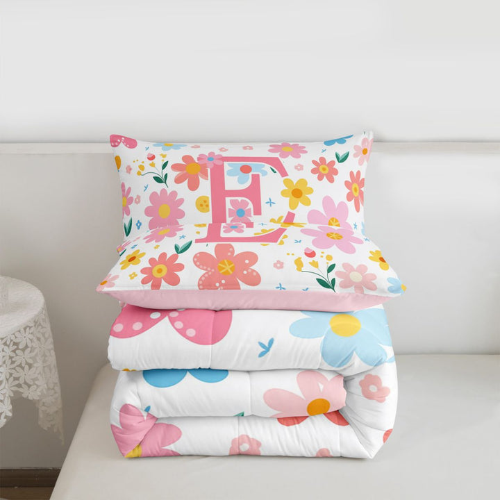 meiyoeat Cute Flower Pattern Full Size Comforter Sets For Girls,Cartoon Blossom Alphabet E Art Bedding Sets For Kids,pink Reversible,3-Piece