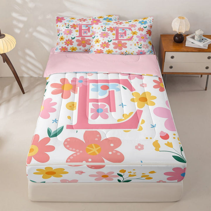 meiyoeat Cute Flower Pattern Zipper Full Size Comforter Sets with Fitted Sheet and 2 Pillowcases For Girls,Cartoon Blossom Alphabet E Art Zipper Bedding Set For Kids,pink Reversible,4-Piece