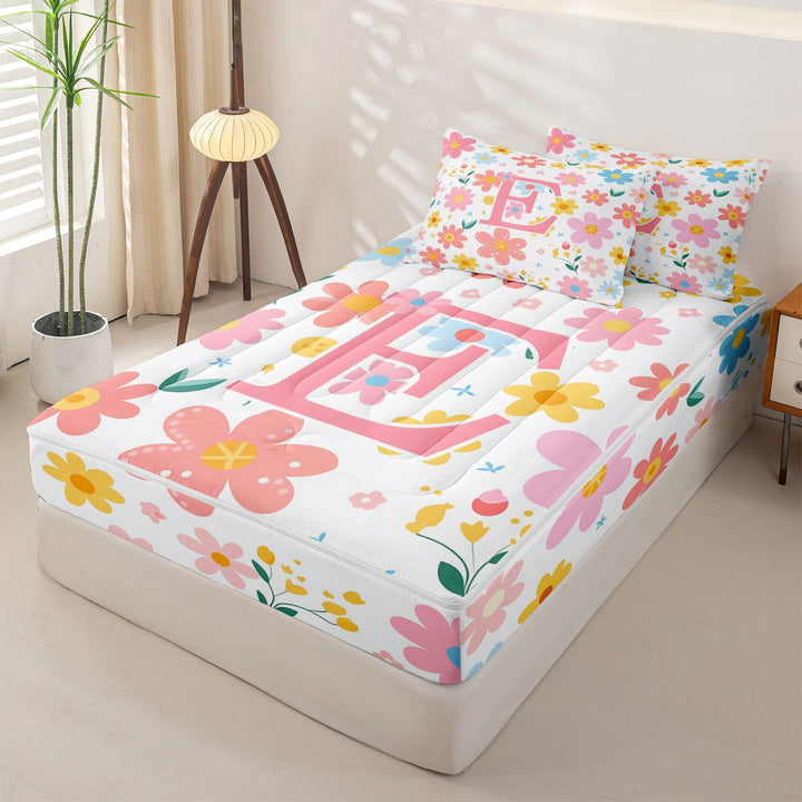 meiyoeat Cute Flower Pattern Zipper Full Size Comforter Sets with Fitted Sheet and 2 Pillowcases For Girls,Cartoon Blossom Alphabet E Art Zipper Bedding Set For Kids,pink Reversible,4-Piece