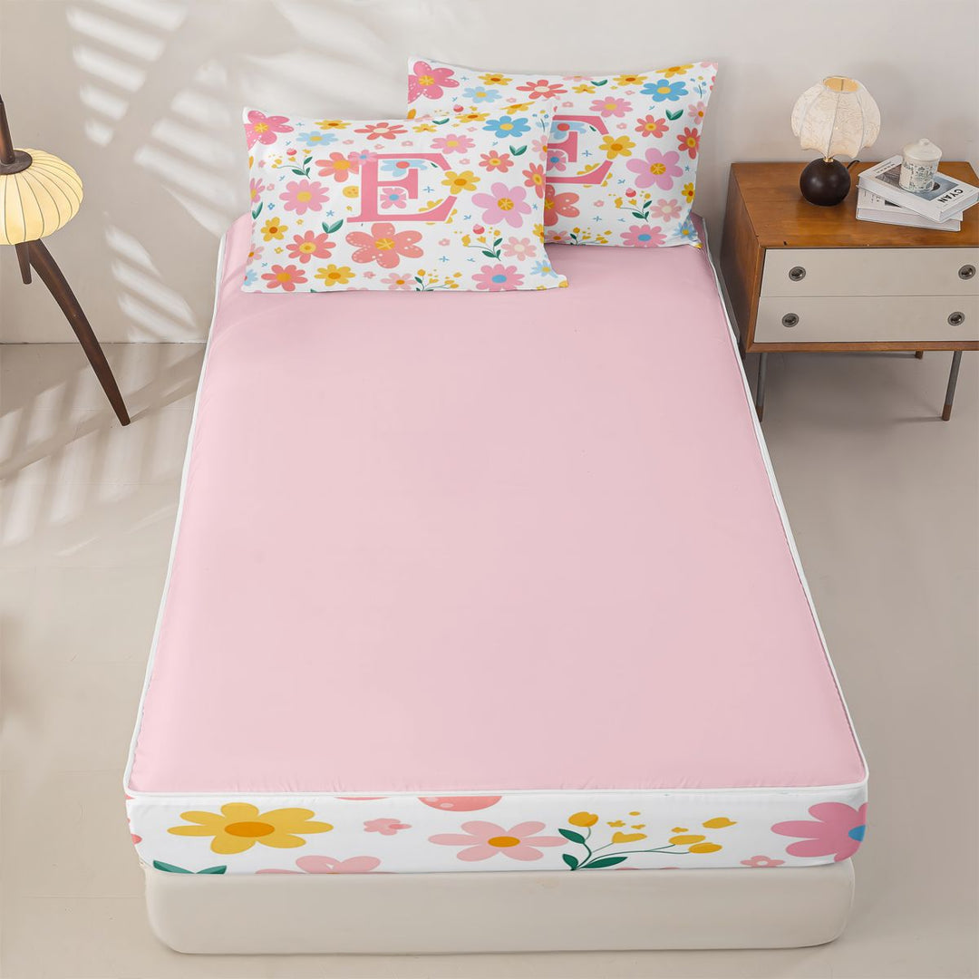 meiyoeat Cute Flower Pattern Zipper Full Size Comforter Sets with Fitted Sheet and 2 Pillowcases For Girls,Cartoon Blossom Alphabet E Art Zipper Bedding Set For Kids,pink Reversible,4-Piece