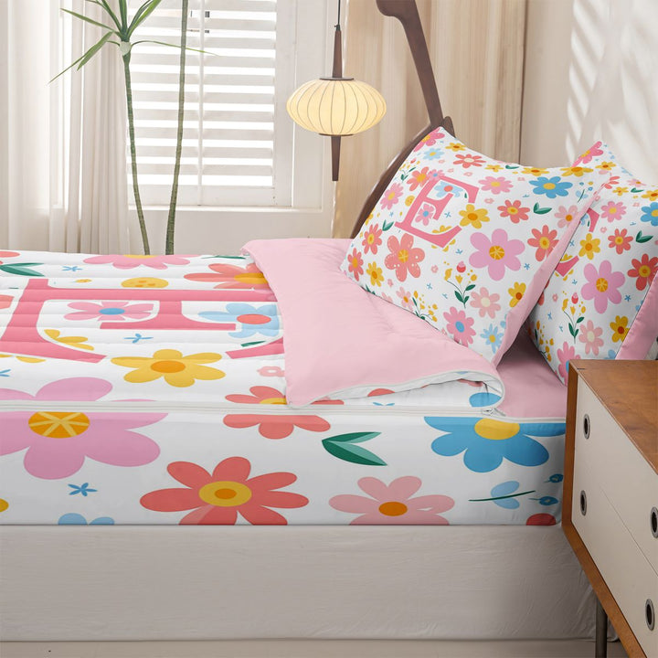 meiyoeat Cute Flower Pattern Zipper Full Size Comforter Sets with Fitted Sheet and 2 Pillowcases For Girls,Cartoon Blossom Alphabet E Art Zipper Bedding Set For Kids,pink Reversible,4-Piece