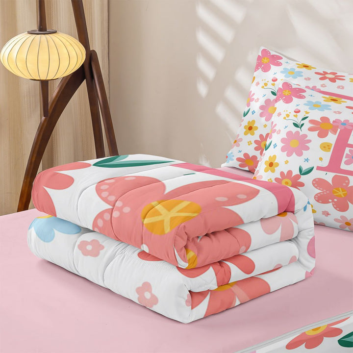 meiyoeat Cute Flower Pattern Zipper Full Size Comforter Sets with Fitted Sheet and 2 Pillowcases For Girls,Cartoon Blossom Alphabet E Art Zipper Bedding Set For Kids,pink Reversible,4-Piece
