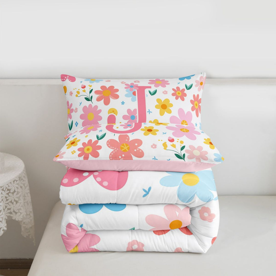 meiyoeat Cartoon Floral Alphabet Print Bedding Sets For Girls,Flowers Blossom Monogram J Bedding Sets For Kids,pink Reversible,3pcs