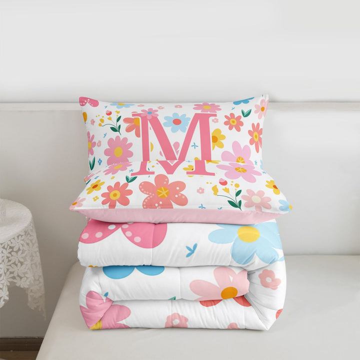 meiyoeat Girls Personalized Monogram M Gifts Full Size Comforter Sets For Kids,Watercolor Kawaii Floral Bedding Sets,pink Reversible,3pcs