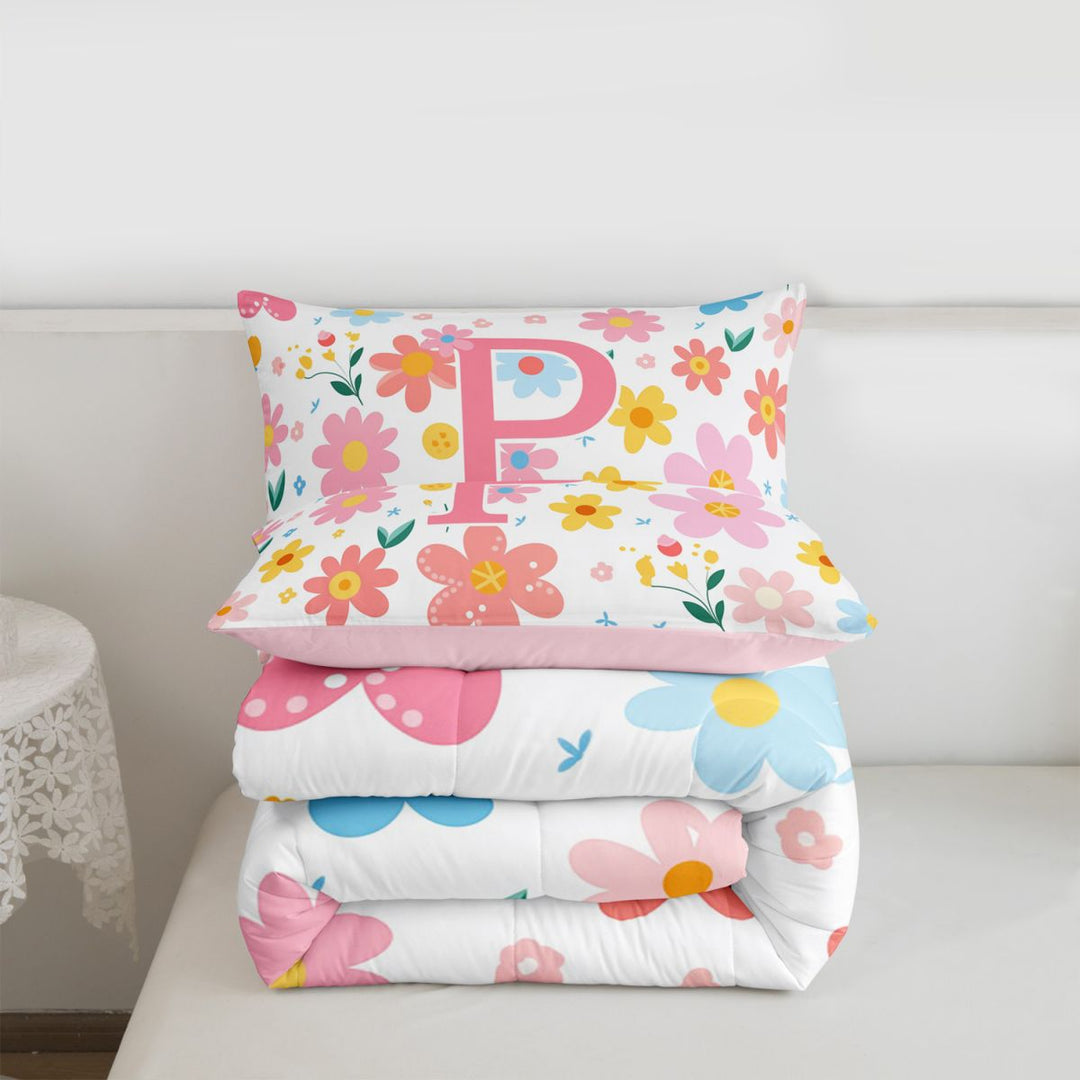 meiyoeat Colorful Flower P Initial Print Full Size Comforter Sets For Kids,Cartoon Spring Floral Bedding Sets For Girls,pink Reversible,3-Piece