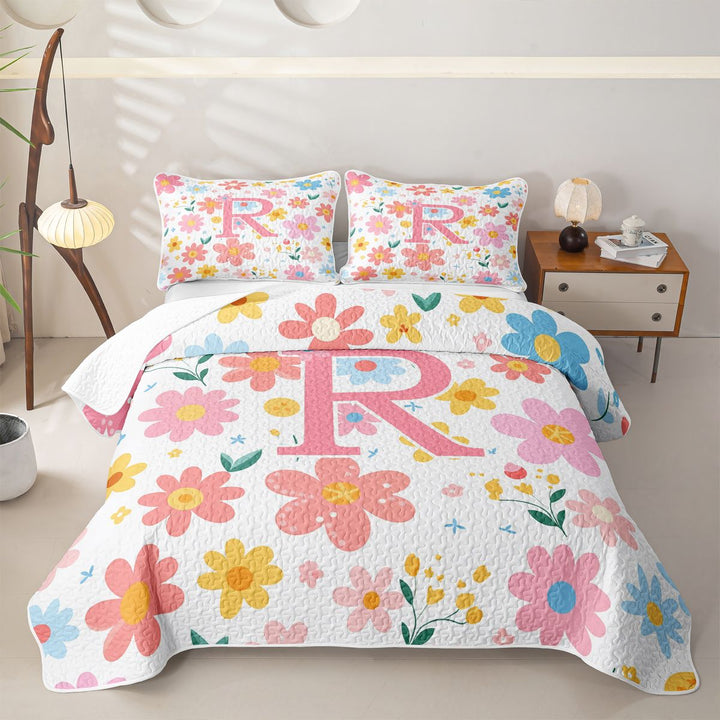 meiyoeat Cartoon Blossom Alphabet R Quilt Full For Girls, Cute Floral Pattern Full Bedspread Sets For Kids,3 Pieces