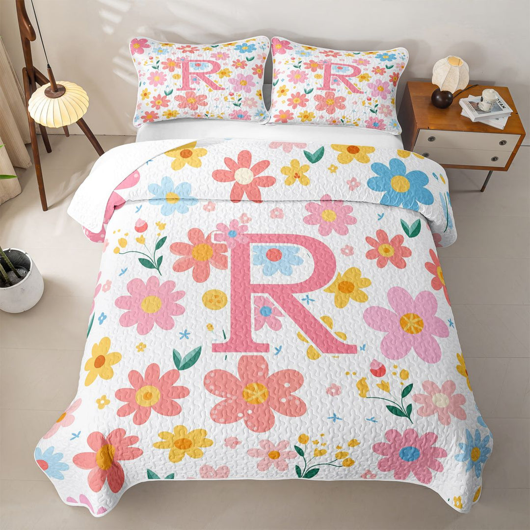 meiyoeat Cartoon Blossom Alphabet R Quilt Full For Girls, Cute Floral Pattern Full Bedspread Sets For Kids,3 Pieces