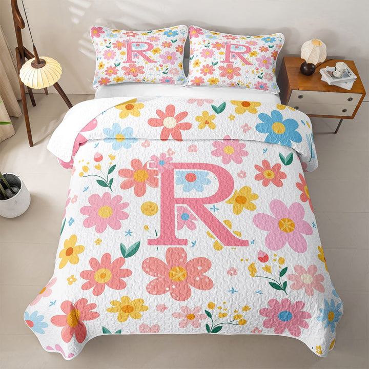meiyoeat Cartoon Blossom Alphabet R Quilt Full For Girls, Cute Floral Pattern Full Bedspread Sets For Kids,3 Pieces