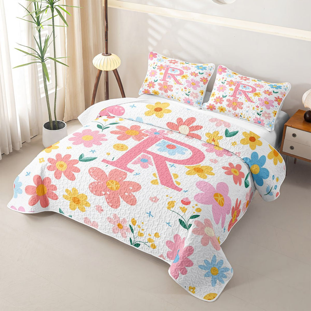 meiyoeat Cartoon Blossom Alphabet R Quilt Full For Girls, Cute Floral Pattern Full Bedspread Sets For Kids,3 Pieces