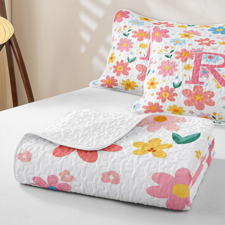 meiyoeat Cartoon Blossom Alphabet R Quilt Full For Girls, Cute Floral Pattern Full Bedspread Sets For Kids,3 Pieces
