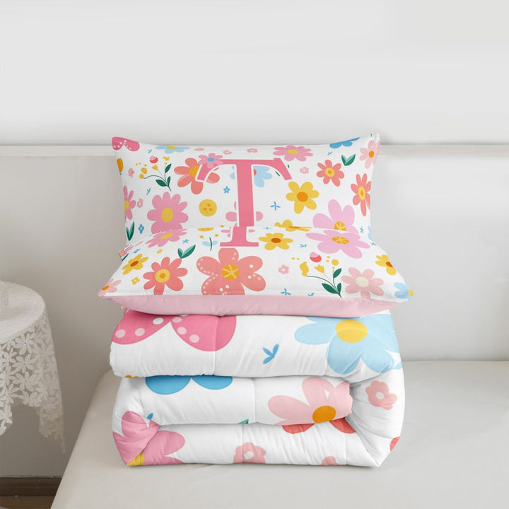 meiyoeat Cartoon Flowers Monogram Print Bedding Sets For Girls,Floral Blossom Initial T Bedding Sets For Kids,pink Reversible,3-Piece