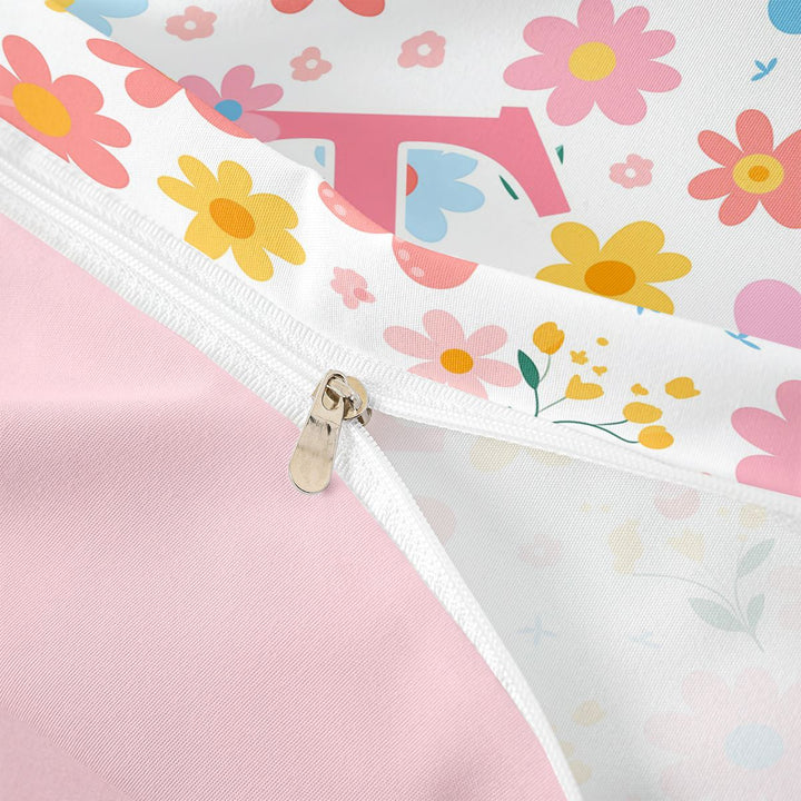 meiyoeat Cartoon Flowers Monogram Print Bedding Full For Girls,Floral Blossom Initial T Bedding Full For Kids,pink Reversible,3-Piece(No Comforter)