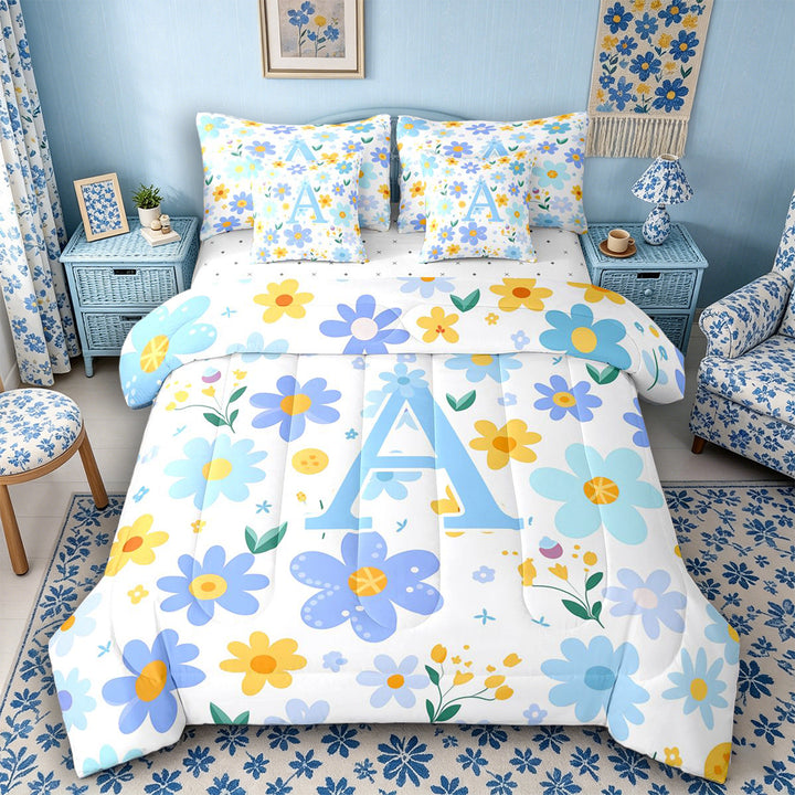 Meiyoeat Cute Floral Letter A Bedding Comforter Set 7 Pieces for Girls Kids, Fresh Daisy Full Bedding Set for Nursery, Light Blue Yellow White