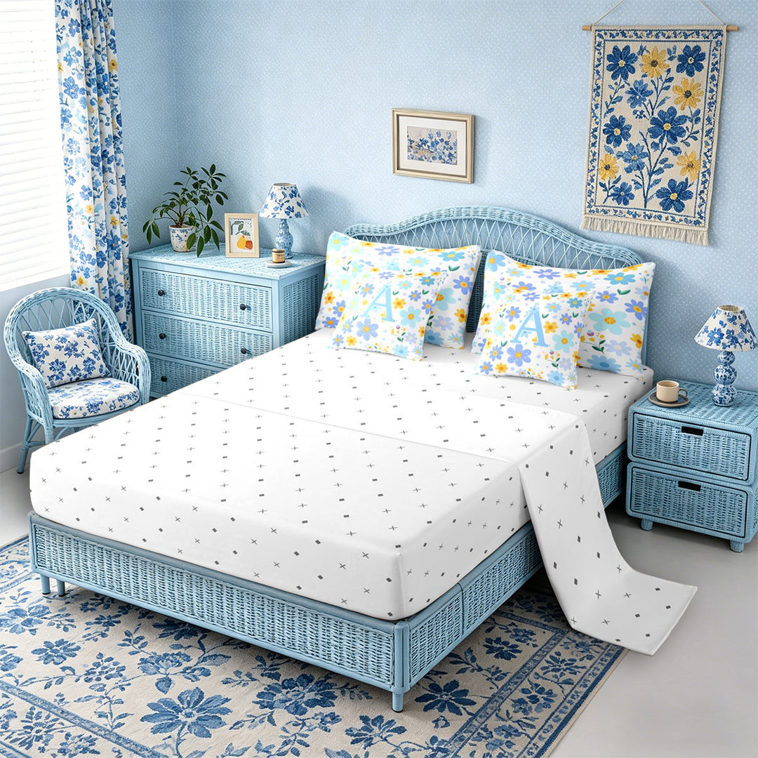 Meiyoeat Cute Floral Letter A Bedding Comforter Set 7 Pieces for Girls Kids, Fresh Daisy Full Bedding Set for Nursery, Light Blue Yellow White