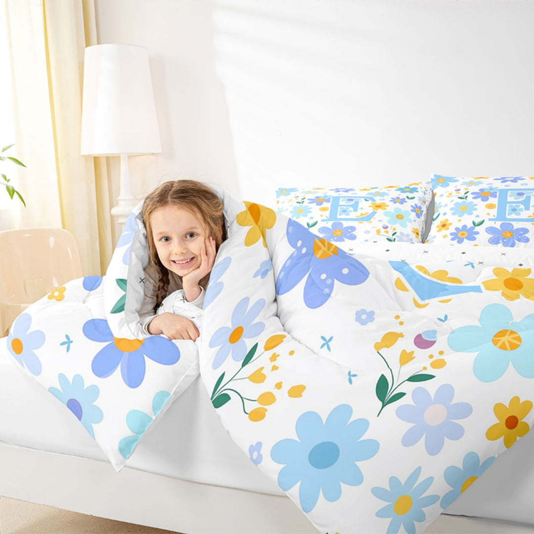 Meiyoeat Delicate Wildflower Letter E Bedding Comforter Set 7 Pieces for Girls Children, Cute Art Full Bedding Set for Bedroom, Light Blue Yellow White