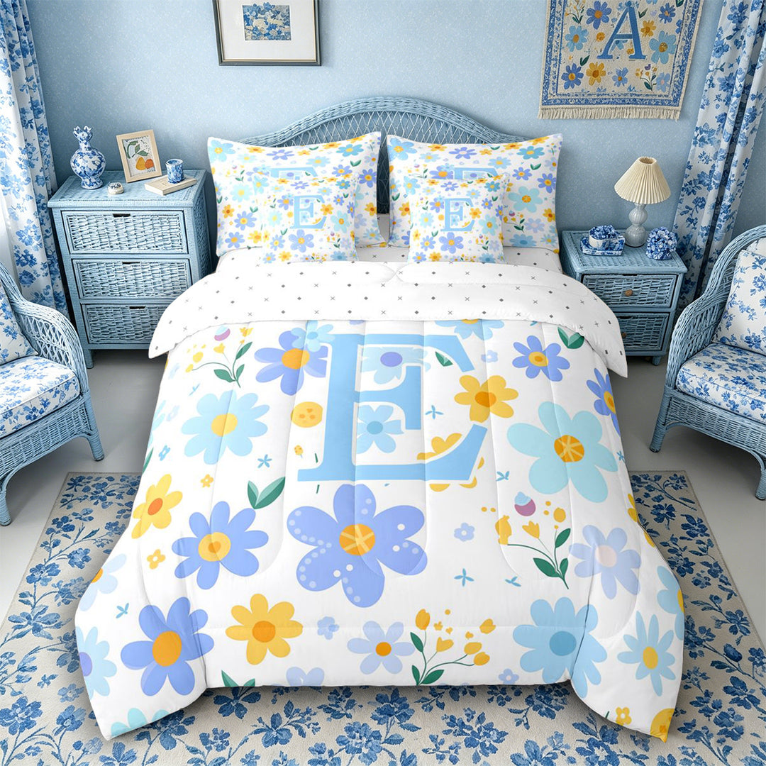 Meiyoeat Delicate Wildflower Letter E Bedding Comforter Set 7 Pieces for Girls Children, Cute Art Full Bedding Set for Bedroom, Light Blue Yellow White