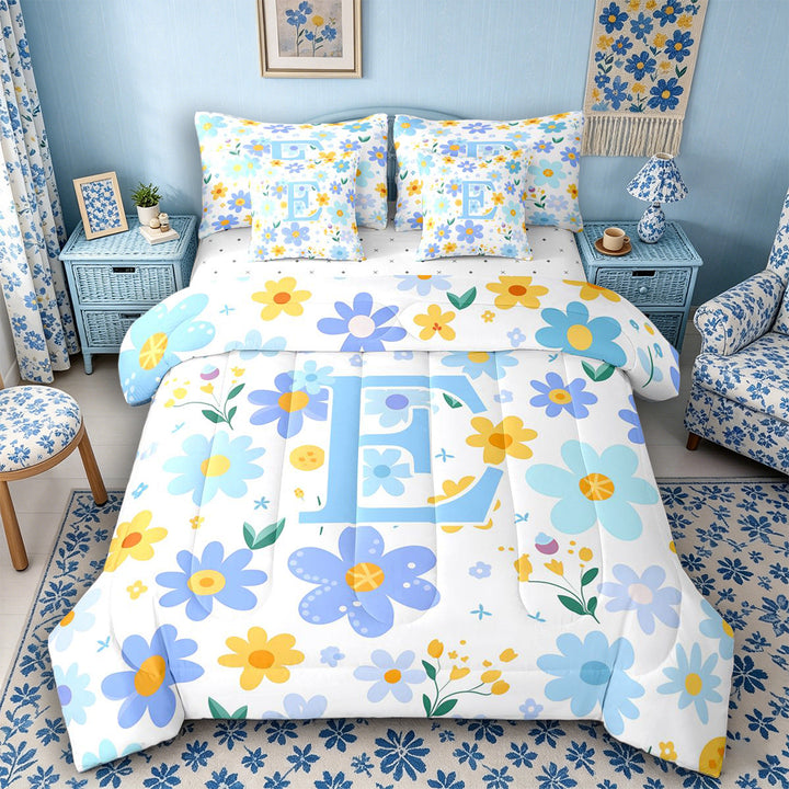 Meiyoeat Delicate Wildflower Letter E Bedding Comforter Set 7 Pieces for Girls Children, Cute Art Full Bedding Set for Bedroom, Light Blue Yellow White