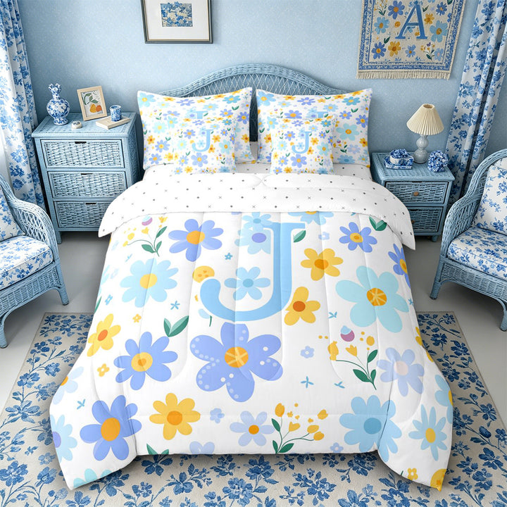 Meiyoeat Gentle Floral Letter J Bedding Comforter Set 7 Pieces for Girls Youth, Lovely Initial Full Bedding Set for Decor, Light Blue Yellow White