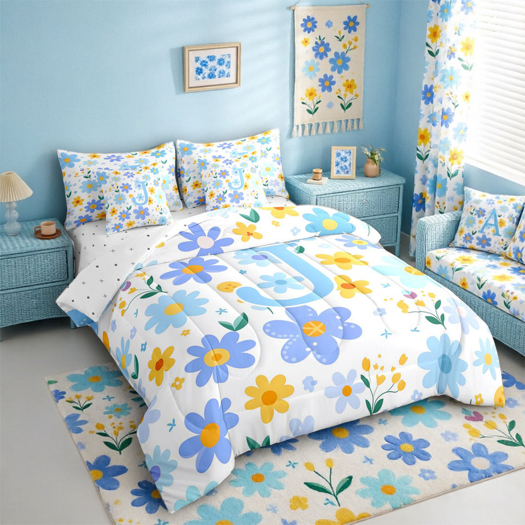 Meiyoeat Gentle Floral Letter J Bedding Comforter Set 7 Pieces for Girls Youth, Lovely Initial Full Bedding Set for Decor, Light Blue Yellow White