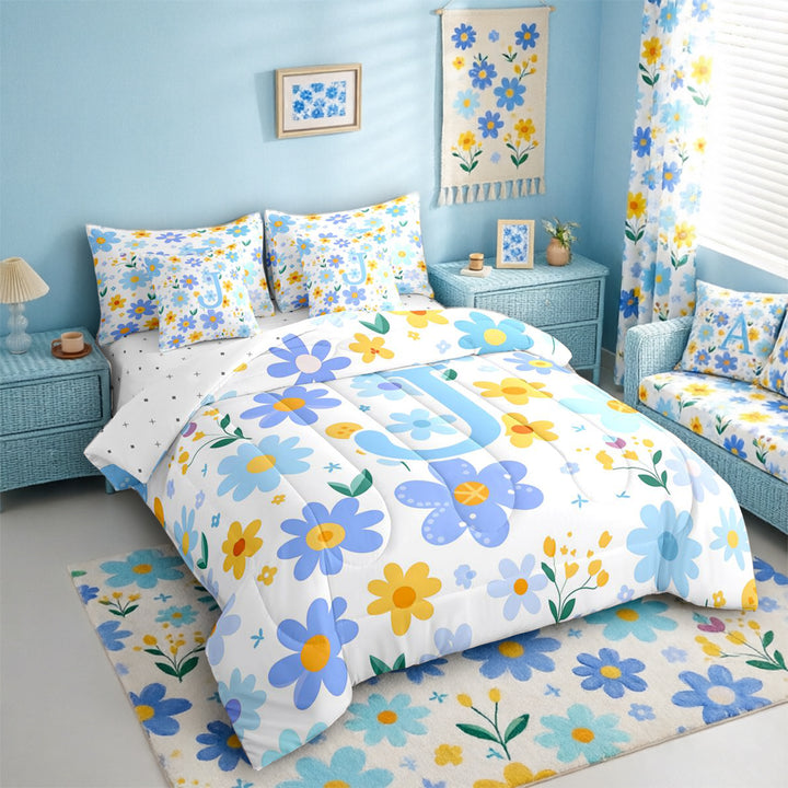 Meiyoeat Gentle Floral Letter J Bedding Comforter Set 7 Pieces for Girls Youth, Lovely Initial Full Bedding Set for Decor, Light Blue Yellow White