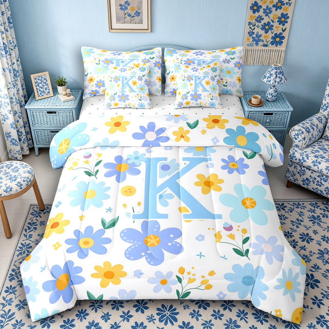 Meiyoeat Charming Wildflower Letter K Bedding Comforter Set 7 Pieces for Girls Preschoolers, Pretty Graphic Full Bedding Set for School, Light Blue Yellow White