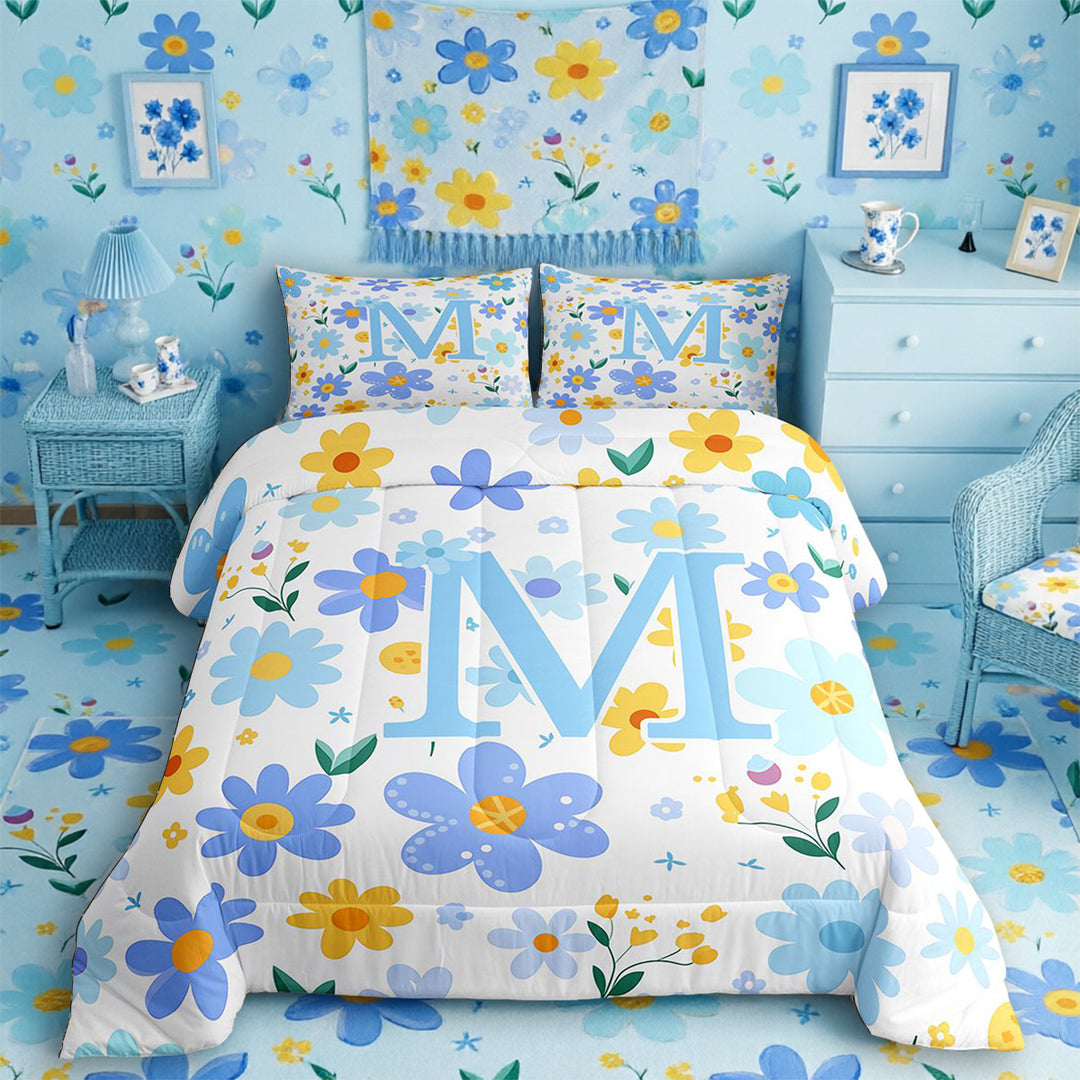 Meiyoeat Lovely Wildflower Letter M Full Size Comforter Sets 3 Pieces for Girls Teens, Sweet Monogram Bedding Sets, Light Blue Yellow White