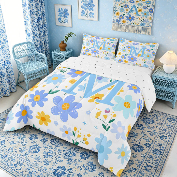 Meiyoeat Lovely Wildflower Letter M Full Size Comforter Sets 3 Pieces for Girls Teens, Sweet Monogram Bedding Sets, Light Blue Yellow White