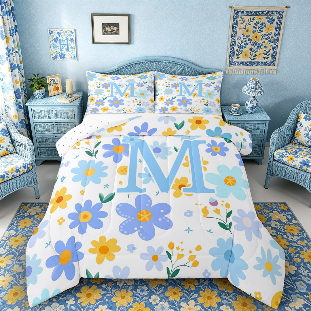 Meiyoeat Lovely Wildflower Letter M Full Size Comforter Sets 3 Pieces for Girls Teens, Sweet Monogram Bedding Sets, Light Blue Yellow White