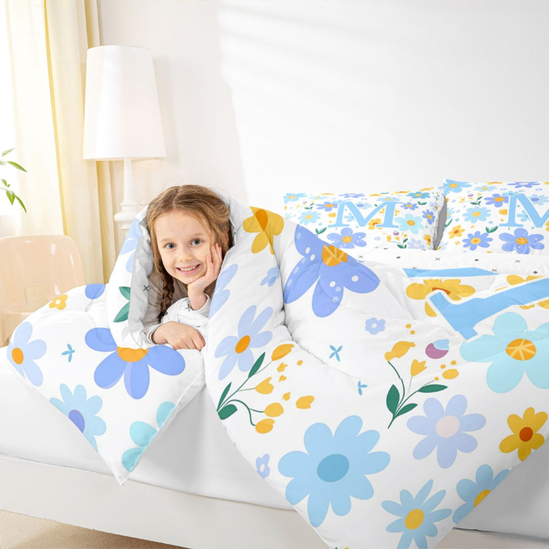 Meiyoeat Lovely Wildflower Letter M Full Size Comforter Sets 3 Pieces for Girls Teens, Sweet Monogram Bedding Sets, Light Blue Yellow White