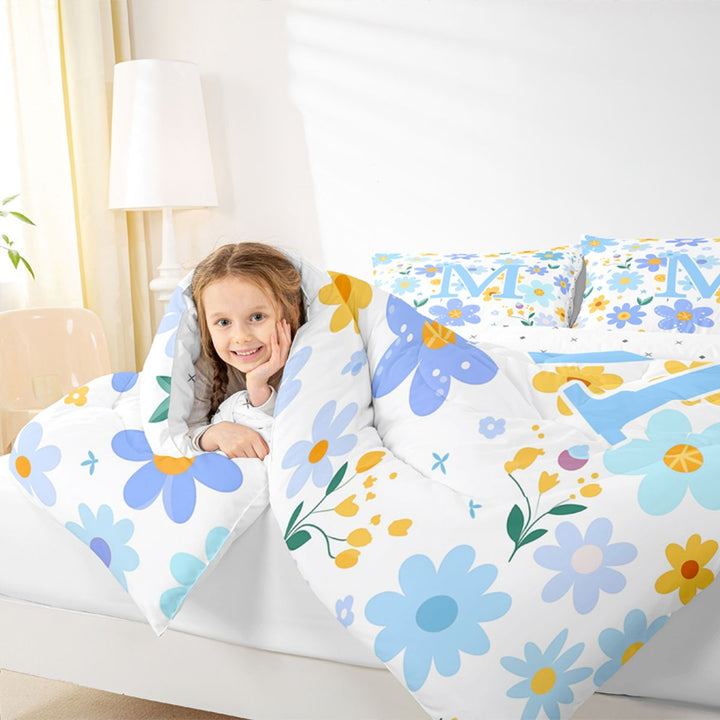 Meiyoeat Lovely Wildflower Letter M Full Size Comforter Sets 3 Pieces for Girls Teens, Sweet Monogram Bedding Sets, Light Blue Yellow White