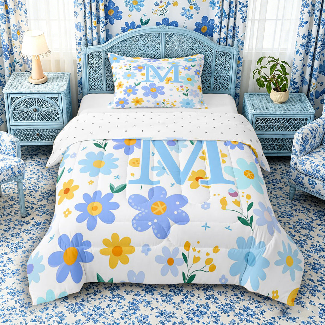 Meiyoeat Lovely Wildflower Letter M Full Size Comforter Sets 3 Pieces for Girls Teens, Sweet Monogram Bedding Sets, Light Blue Yellow White