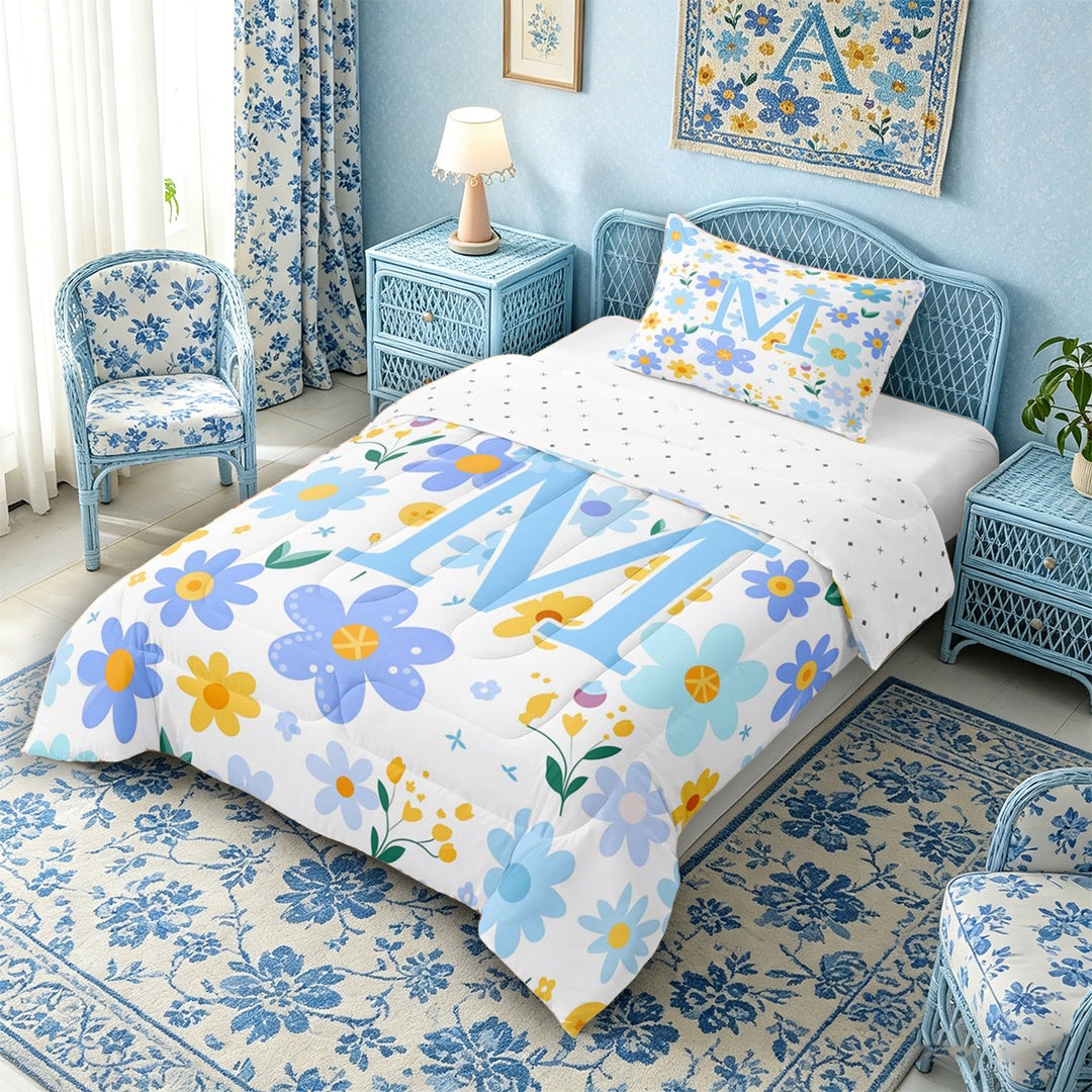 Meiyoeat Lovely Wildflower Letter M Full Size Comforter Sets 3 Pieces for Girls Teens, Sweet Monogram Bedding Sets, Light Blue Yellow White