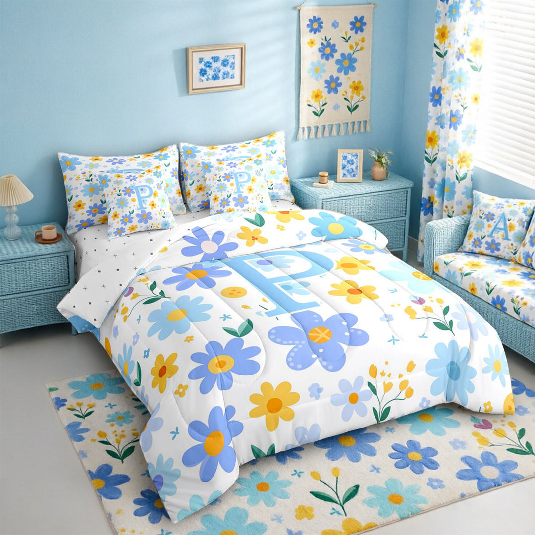 Meiyoeat Cute Daisy Letter P Bedding Comforter Set 7 Pieces for Girls Toddlers, Floral Initial Full Bedding Set for Daily, Light Blue Yellow White