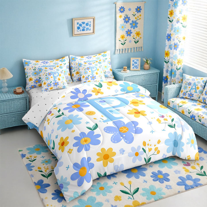 Meiyoeat Cute Daisy Letter P Bedding Comforter Set 7 Pieces for Girls Toddlers, Floral Initial Full Bedding Set for Daily, Light Blue Yellow White