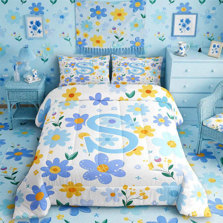 Meiyoeat Delicate Wildflower Letter S Full Size Comforter Sets 3 Pieces for Girls Children, Cute Art Bedding Sets for Bedroom, Light Blue Yellow White