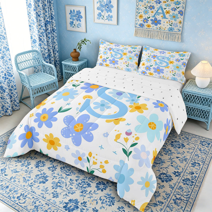 Meiyoeat Delicate Wildflower Letter S Full Size Comforter Sets 3 Pieces for Girls Children, Cute Art Bedding Sets for Bedroom, Light Blue Yellow White