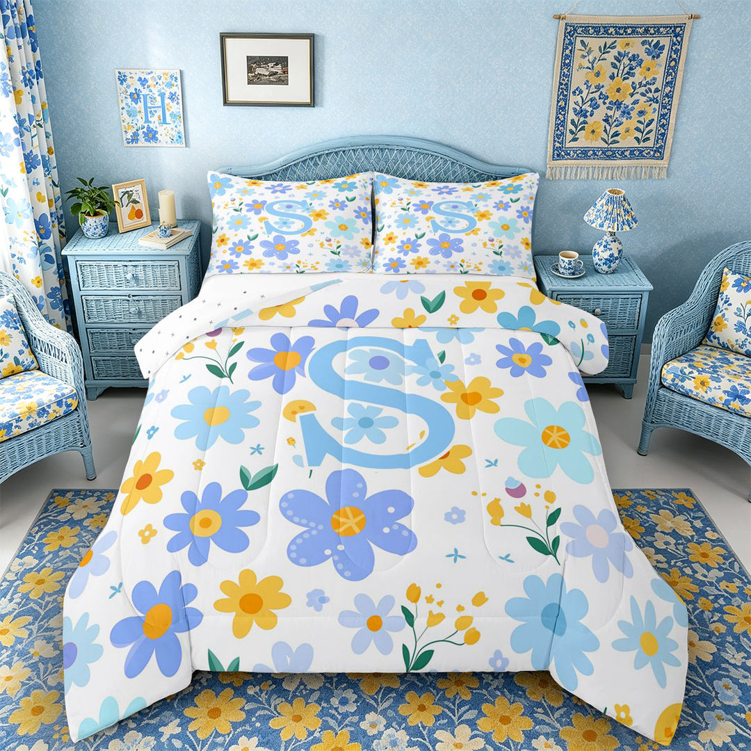 Meiyoeat Delicate Wildflower Letter S Full Size Comforter Sets 3 Pieces for Girls Children, Cute Art Bedding Sets for Bedroom, Light Blue Yellow White