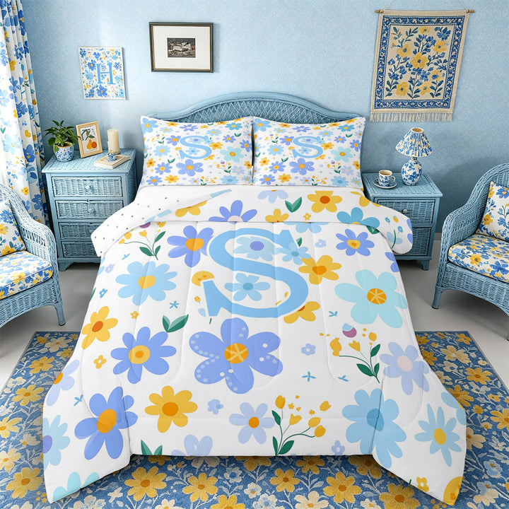 Meiyoeat Delicate Wildflower Letter S Full Size Comforter Sets 3 Pieces for Girls Children, Cute Art Bedding Sets for Bedroom, Light Blue Yellow White