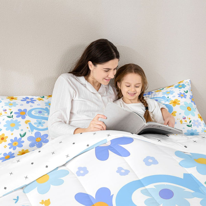 Meiyoeat Delicate Wildflower Letter S Full Size Comforter Sets 3 Pieces for Girls Children, Cute Art Bedding Sets for Bedroom, Light Blue Yellow White