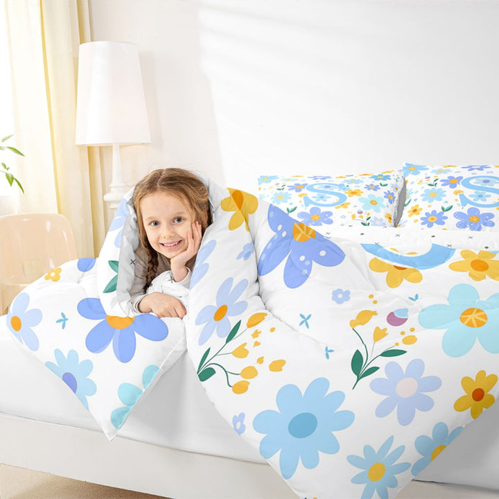 Meiyoeat Delicate Wildflower Letter S Full Size Comforter Sets 3 Pieces for Girls Children, Cute Art Bedding Sets for Bedroom, Light Blue Yellow White