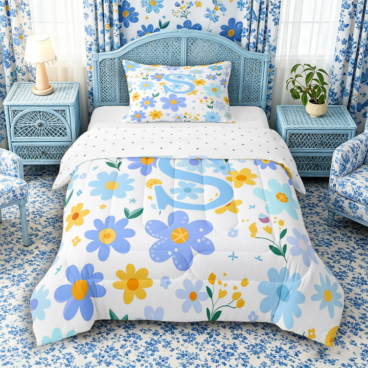 Meiyoeat Delicate Wildflower Letter S Full Size Comforter Sets 3 Pieces for Girls Children, Cute Art Bedding Sets for Bedroom, Light Blue Yellow White