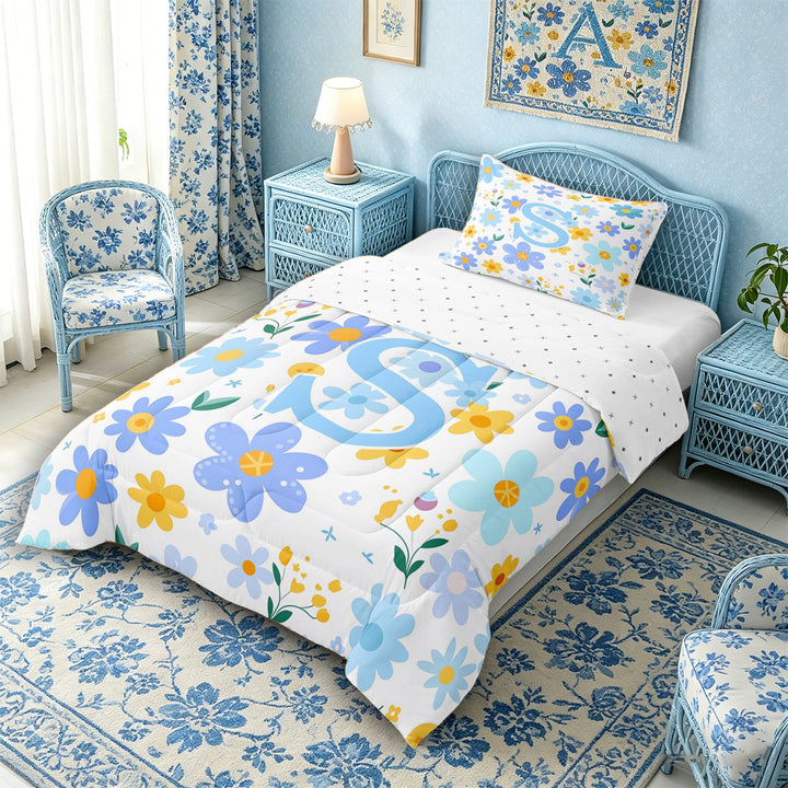 Meiyoeat Delicate Wildflower Letter S Full Size Comforter Sets 3 Pieces for Girls Children, Cute Art Bedding Sets for Bedroom, Light Blue Yellow White
