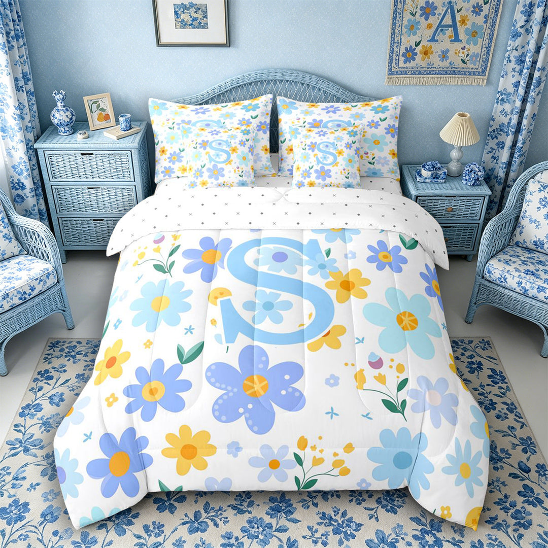 Meiyoeat Delicate Wildflower Letter S Bedding Comforter Set 7 Pieces for Girls Children, Cute Art Full Bedding Set for Bedroom, Light Blue Yellow White