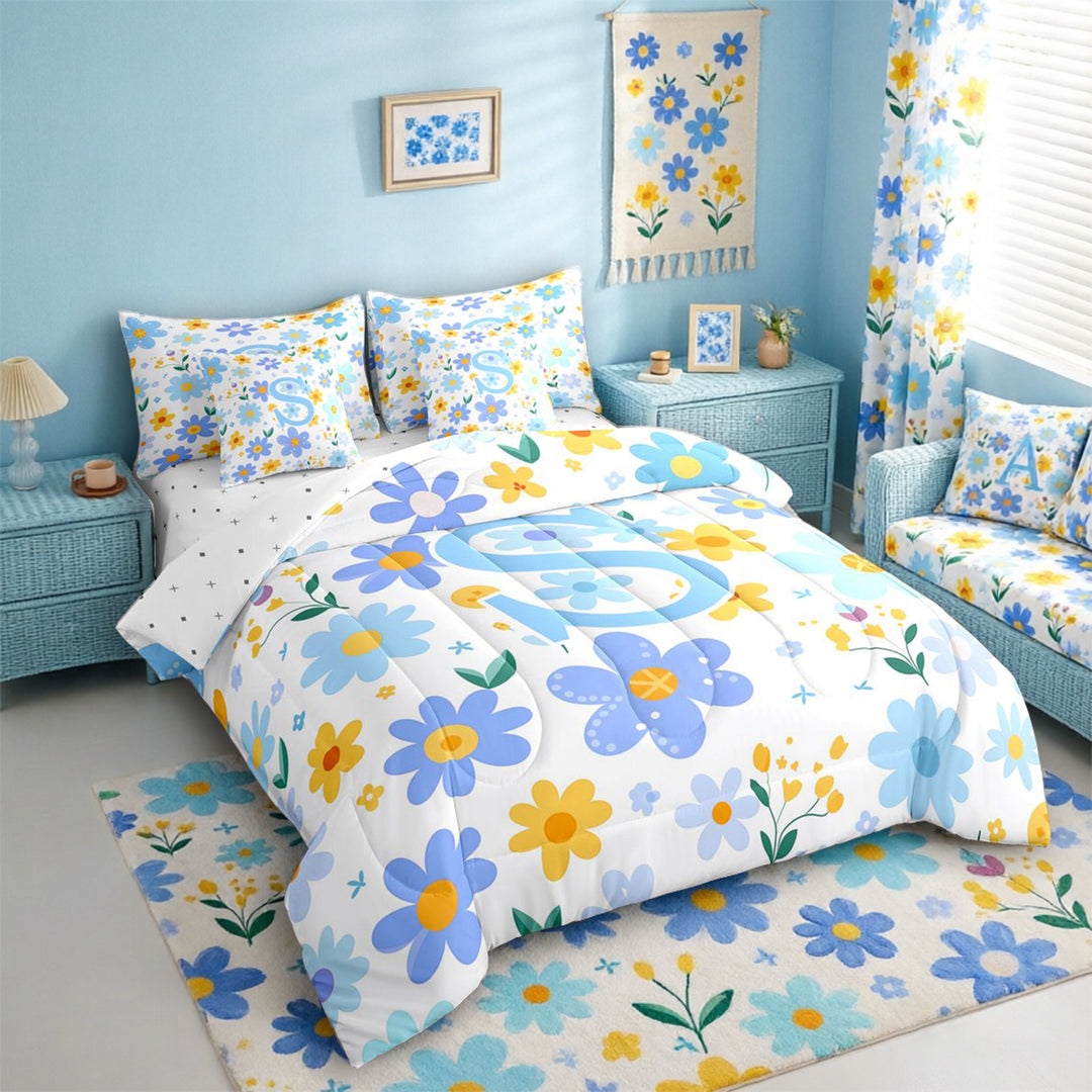Meiyoeat Delicate Wildflower Letter S Bedding Comforter Set 7 Pieces for Girls Children, Cute Art Full Bedding Set for Bedroom, Light Blue Yellow White