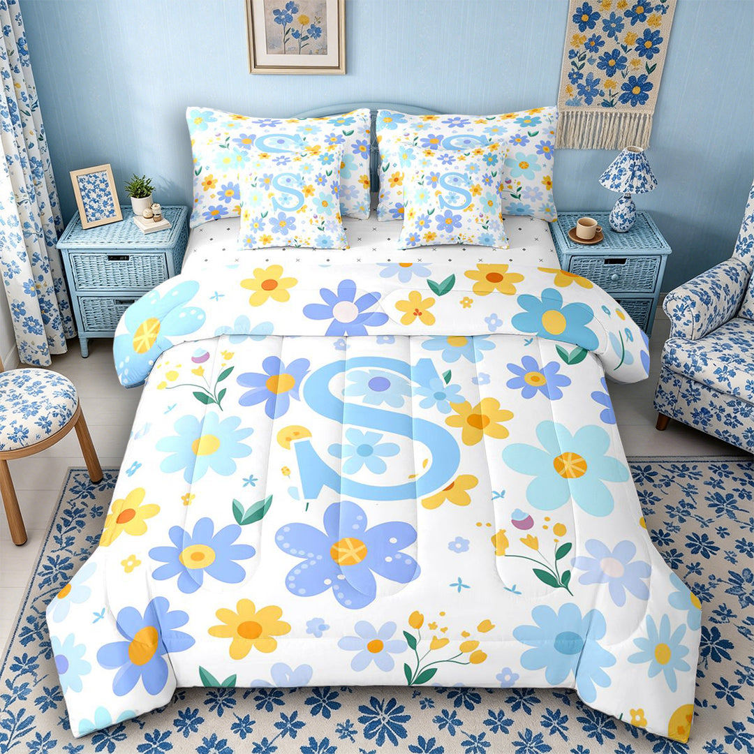 Meiyoeat Delicate Wildflower Letter S Bedding Comforter Set 7 Pieces for Girls Children, Cute Art Full Bedding Set for Bedroom, Light Blue Yellow White