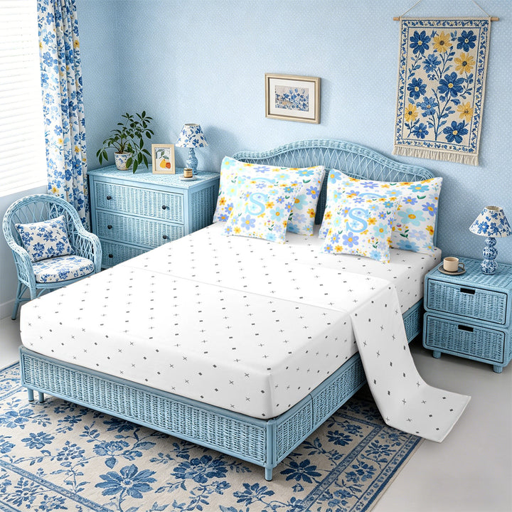 Meiyoeat Delicate Wildflower Letter S Bedding Comforter Set 7 Pieces for Girls Children, Cute Art Full Bedding Set for Bedroom, Light Blue Yellow White